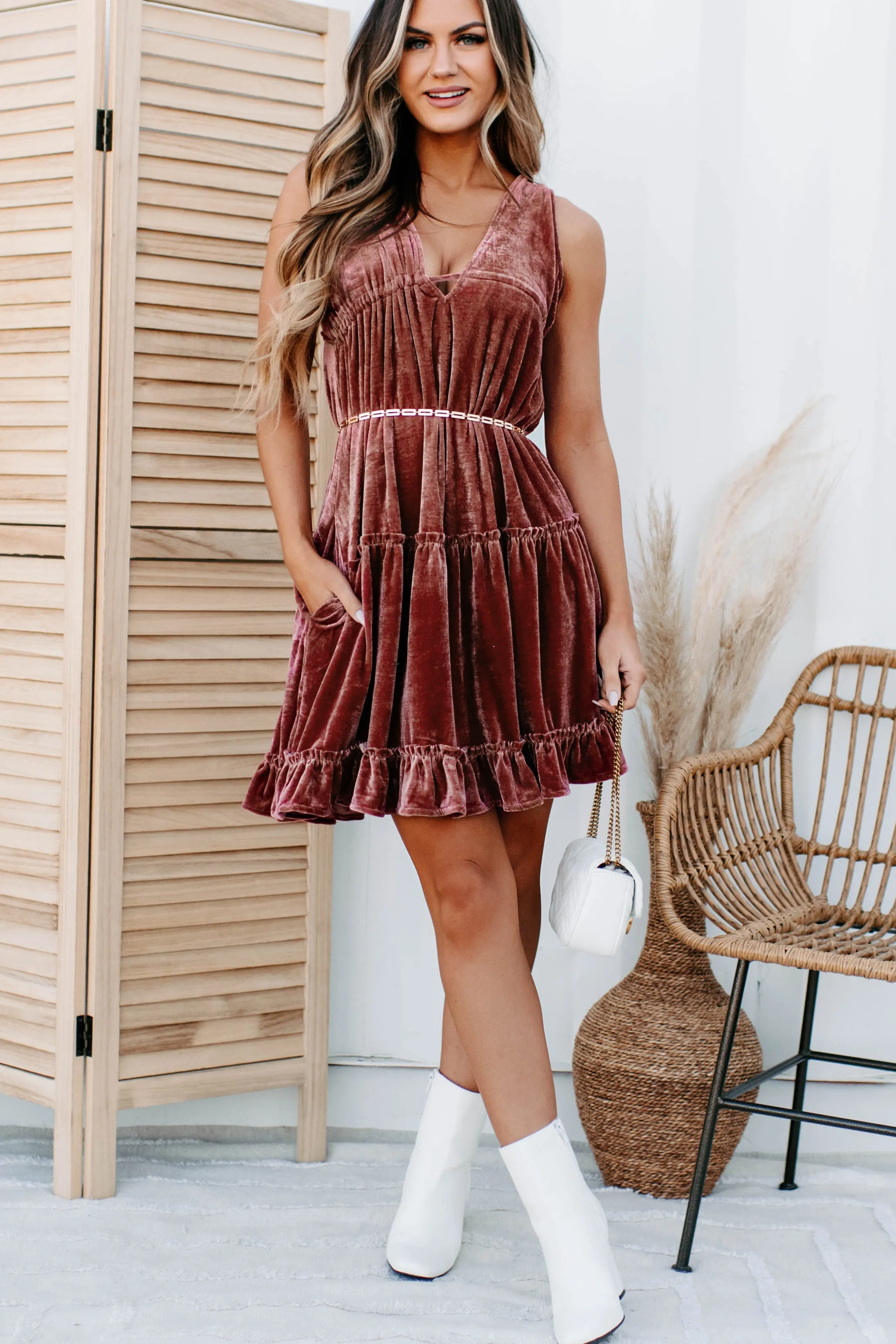Exchanging Looks Tiered Velvet Mini Dress (Cranberry)
