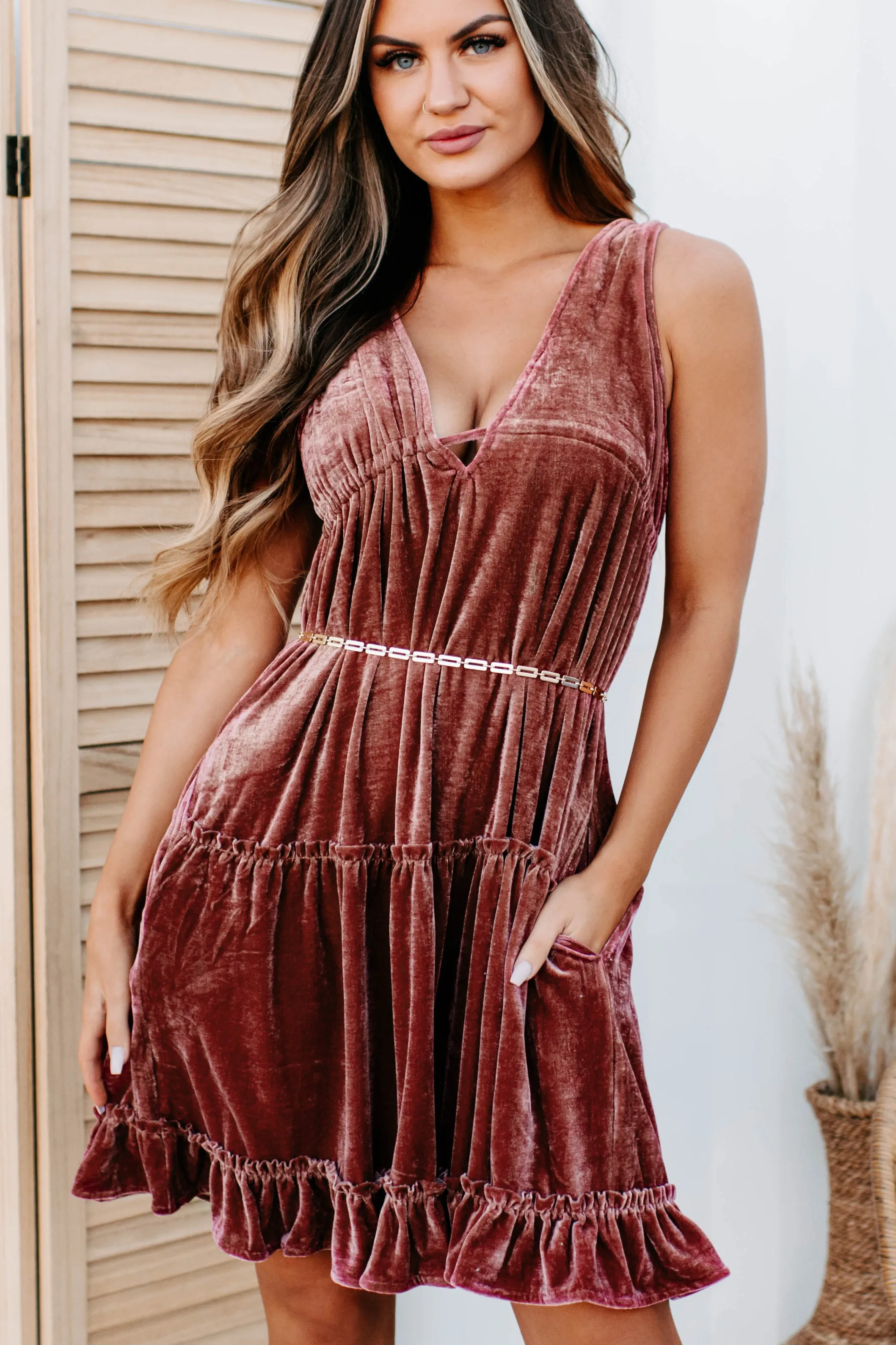 Exchanging Looks Tiered Velvet Mini Dress (Cranberry)