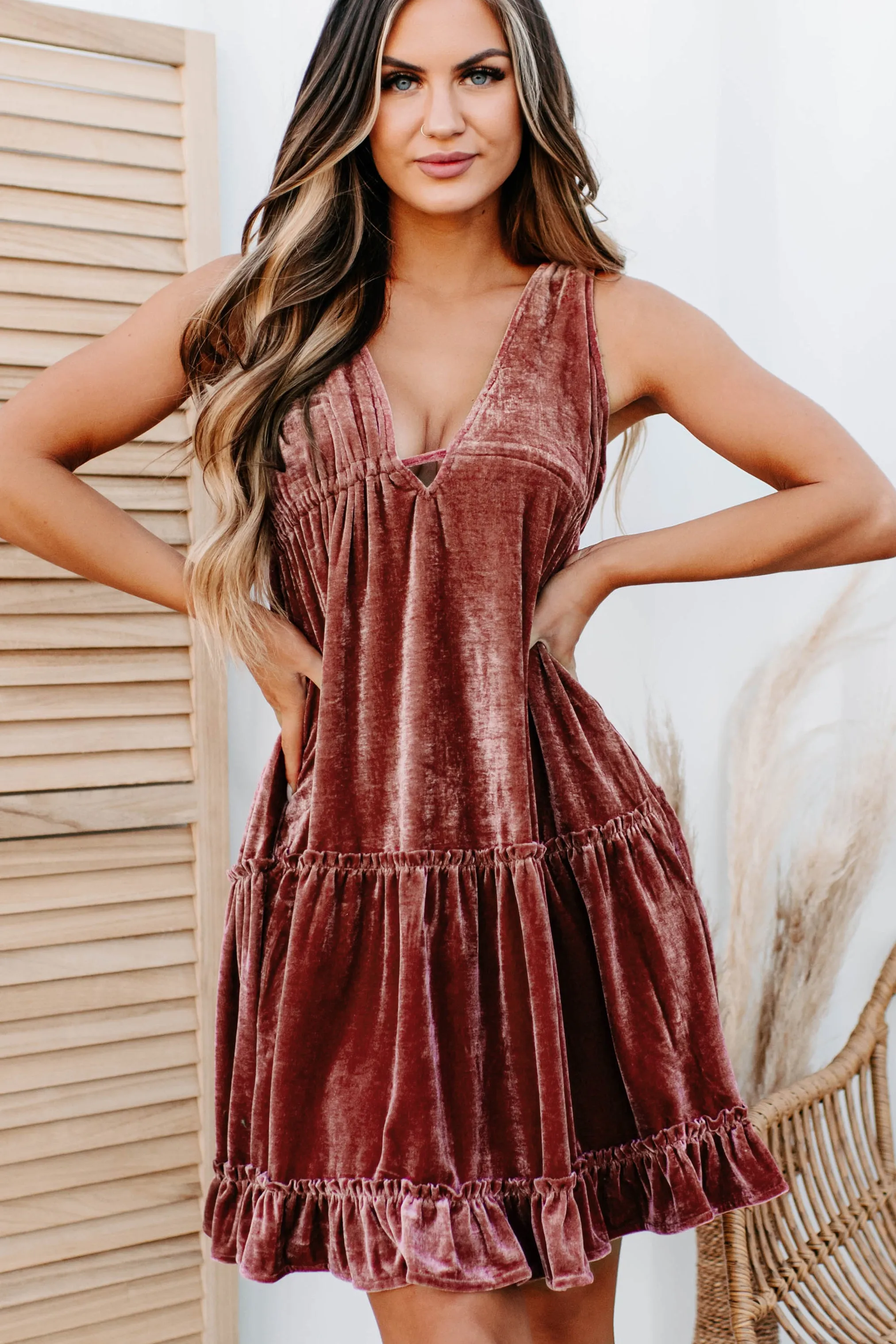Exchanging Looks Tiered Velvet Mini Dress (Cranberry)