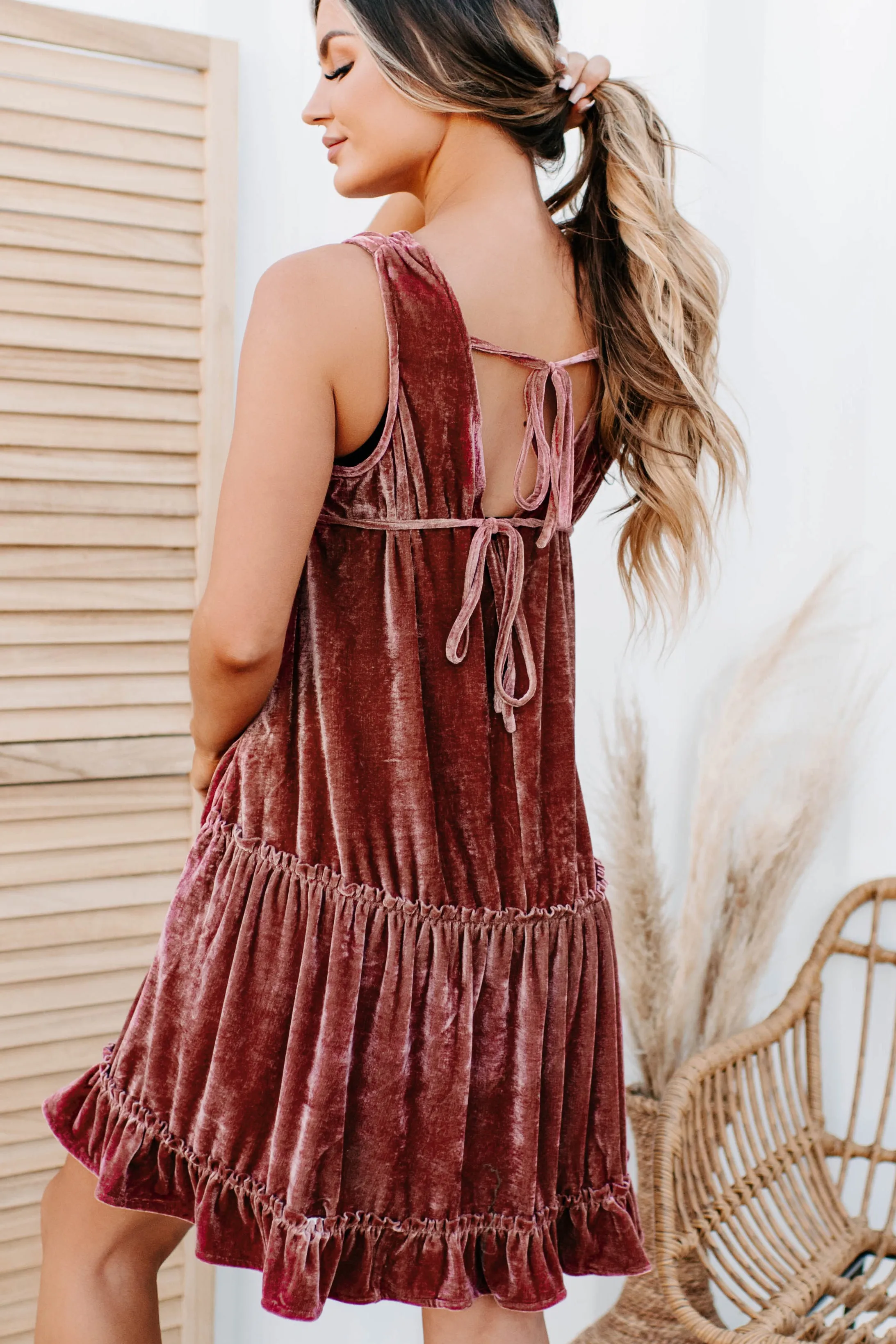 Exchanging Looks Tiered Velvet Mini Dress (Cranberry)