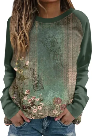 Fall Womens Clothes 2024 Floral Print Crewneck Cute Sweatshirt Long Sleeve Oversized Basics Clothes Clothing