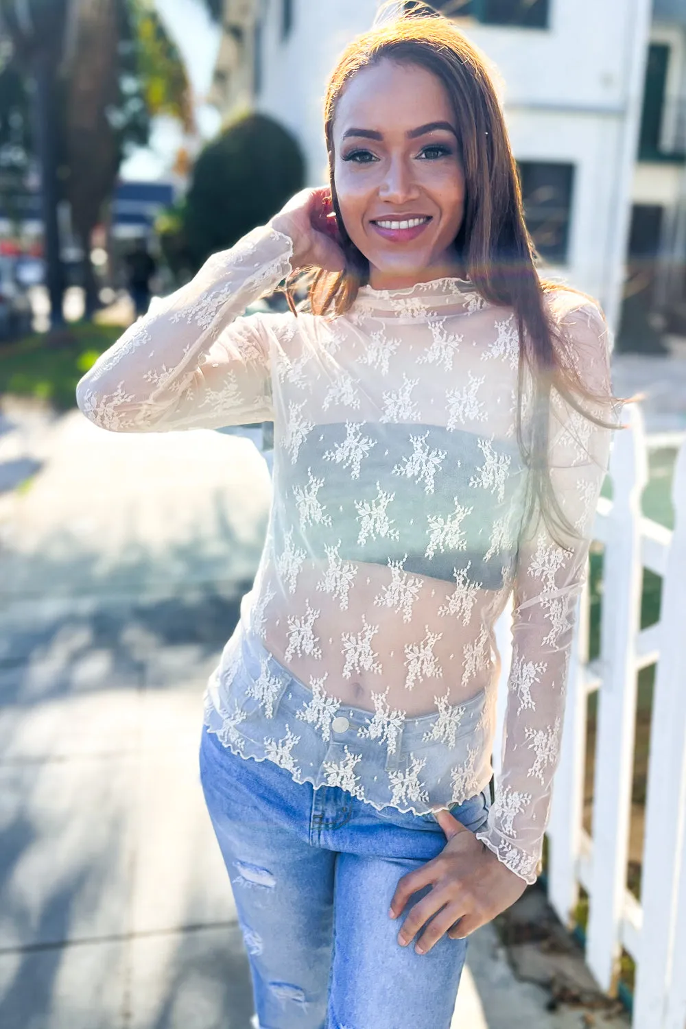 Feeling Femme Nude Lace Floral See-Through Layering Top (Open Pack)