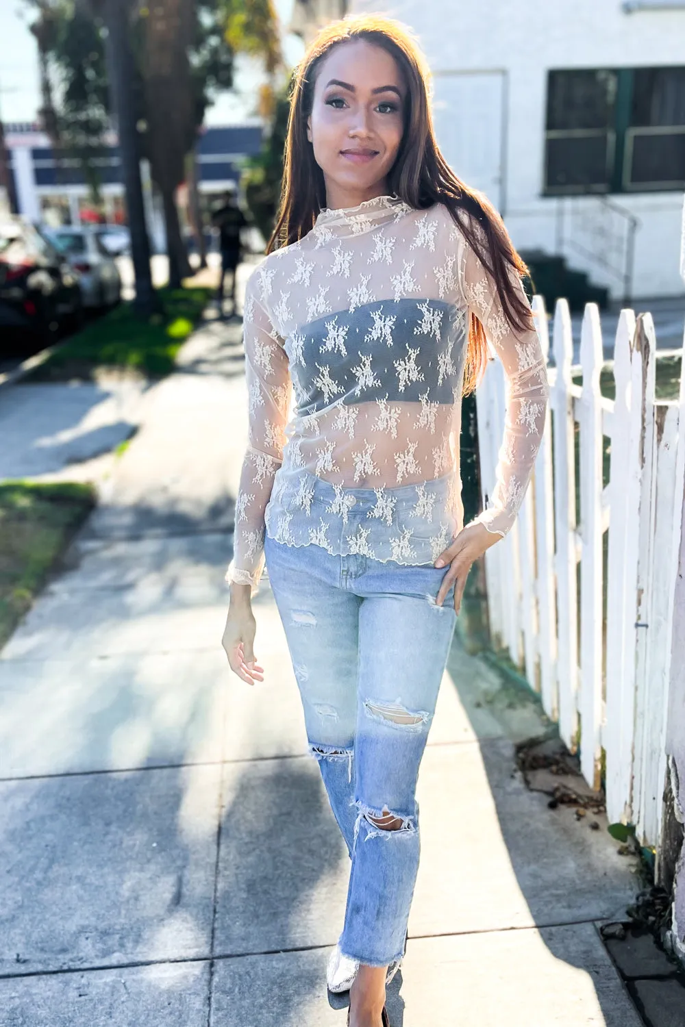 Feeling Femme Nude Lace Floral See-Through Layering Top (Open Pack)