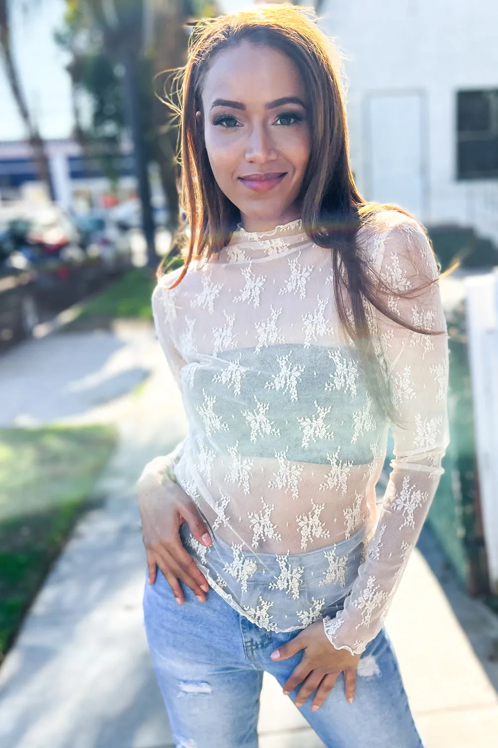 Feeling Femme Nude Lace Floral See-Through Layering Top (Open Pack)