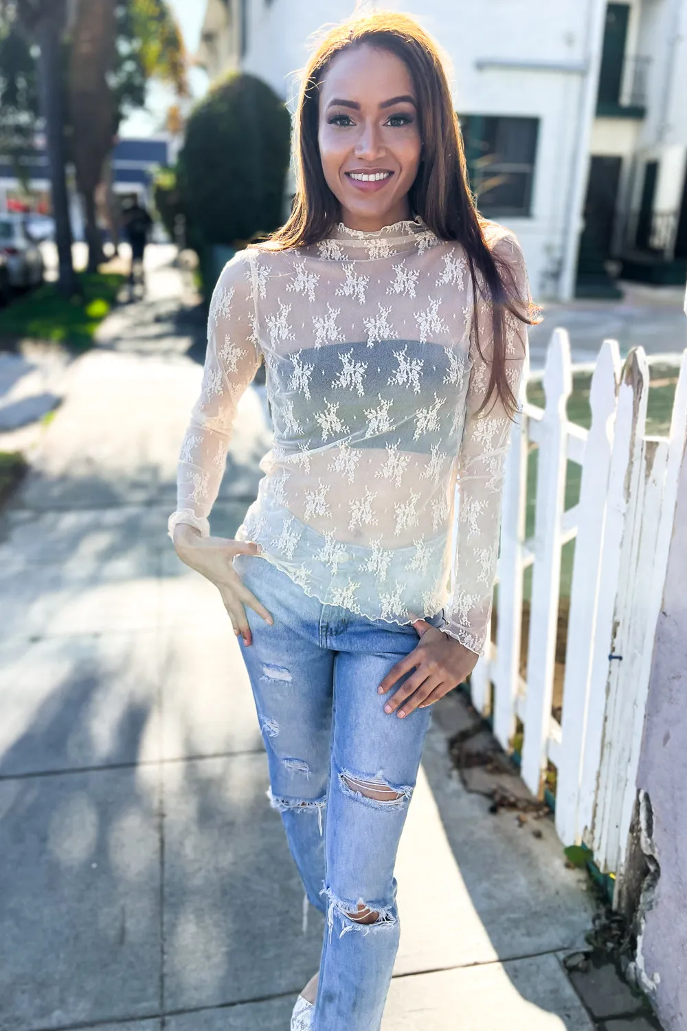 Feeling Femme Nude Lace Floral See-Through Layering Top (Open Pack)