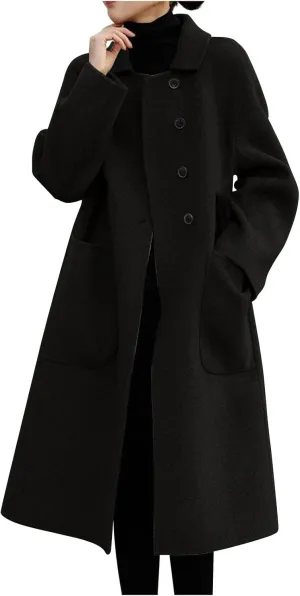 Firzero Women's Notch Lapel Double Breasted Coats, Casual Solid Color Mid-Long Warm Faux Wool Blend Pea Coat