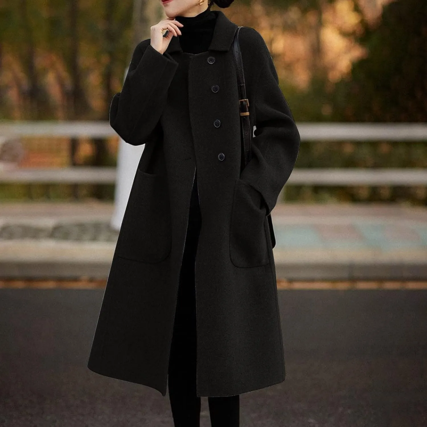 Firzero Women's Notch Lapel Double Breasted Coats, Casual Solid Color Mid-Long Warm Faux Wool Blend Pea Coat