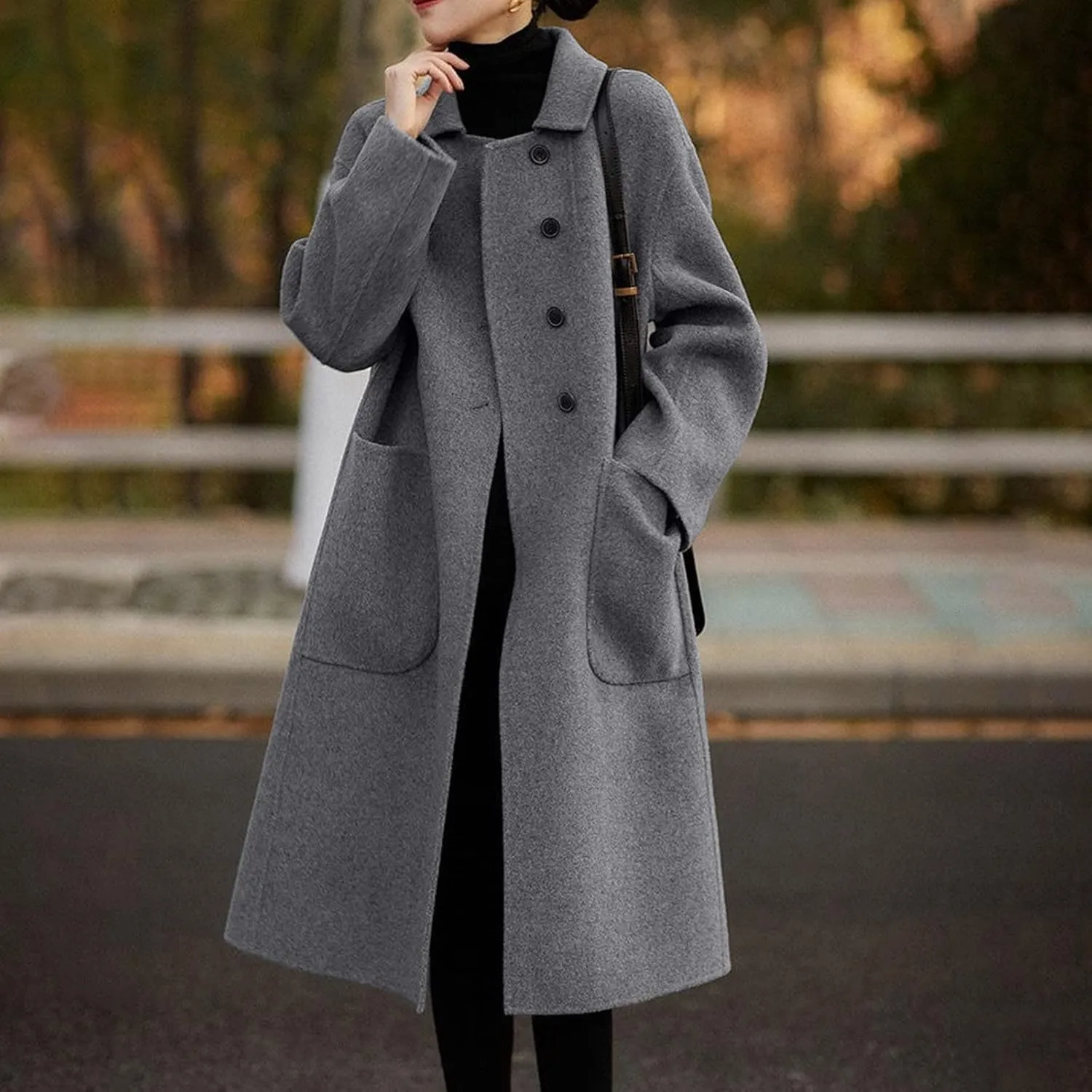Firzero Women's Notch Lapel Double Breasted Coats, Casual Solid Color Mid-Long Warm Faux Wool Blend Pea Coat