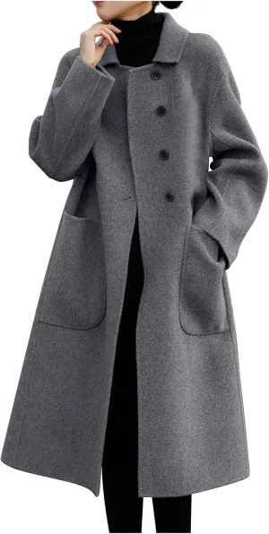 Firzero Women's Notch Lapel Double Breasted Coats, Casual Solid Color Mid-Long Warm Faux Wool Blend Pea Coat