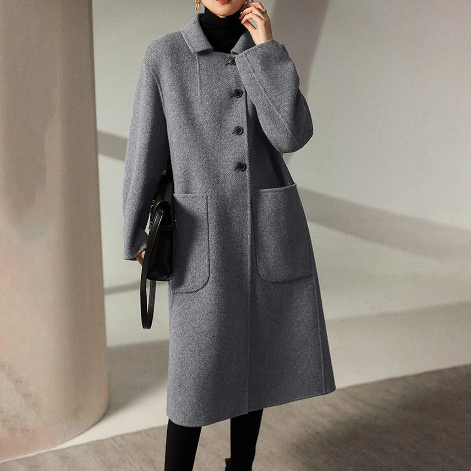 Firzero Women's Notch Lapel Double Breasted Coats, Casual Solid Color Mid-Long Warm Faux Wool Blend Pea Coat