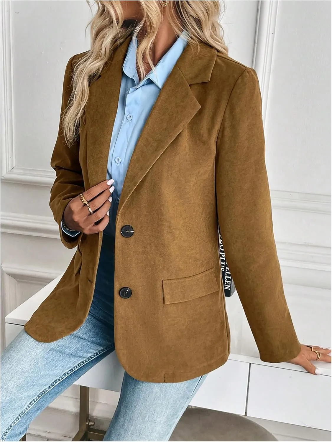 Floerns Women's Faux Suede Lapel Neck Blazers Button Down Long Sleeve Blazer Jacket