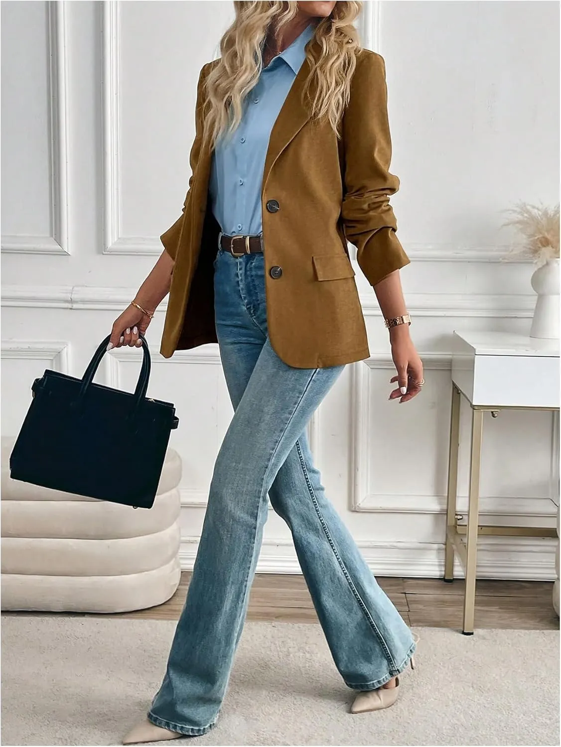Floerns Women's Faux Suede Lapel Neck Blazers Button Down Long Sleeve Blazer Jacket
