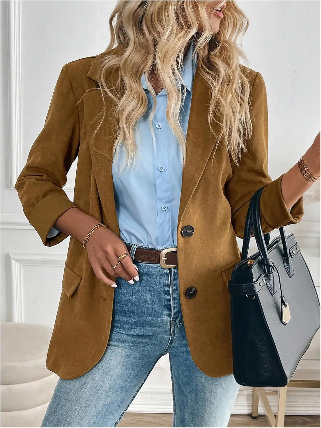 Floerns Women's Faux Suede Lapel Neck Blazers Button Down Long Sleeve Blazer Jacket
