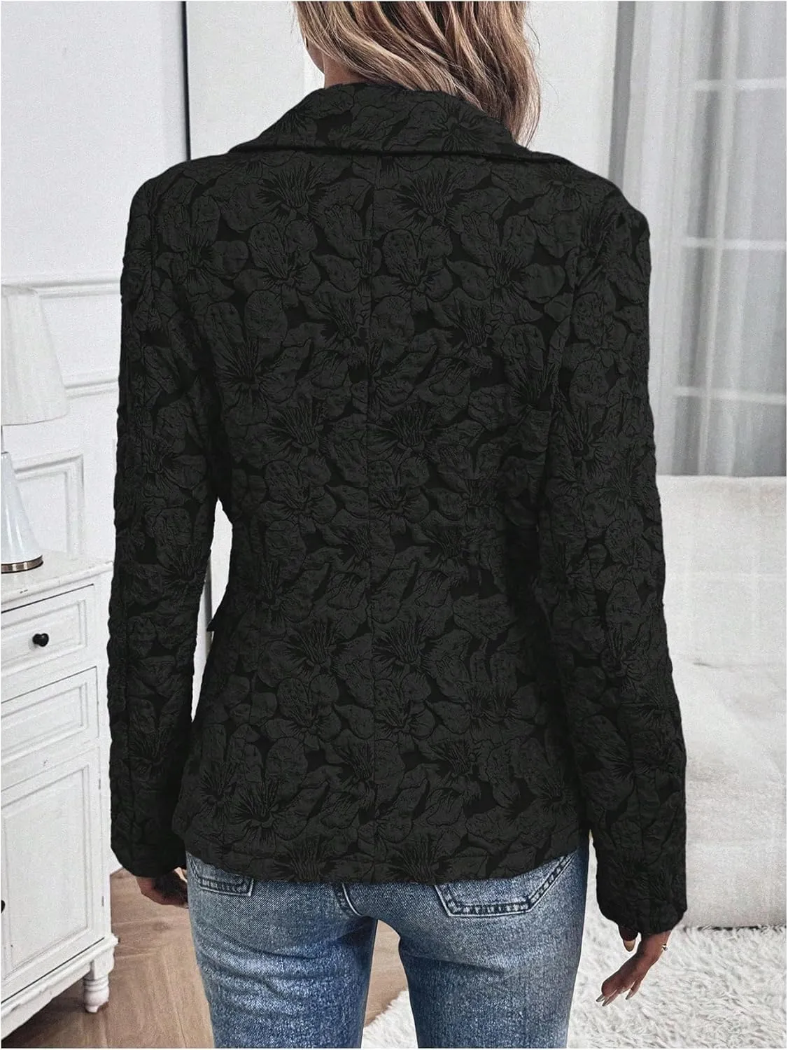 Floerns Women's Floral Jacquard Long Sleeve Blazers Open Front Work Suit Jackets