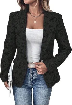 Floerns Women's Floral Jacquard Long Sleeve Blazers Open Front Work Suit Jackets