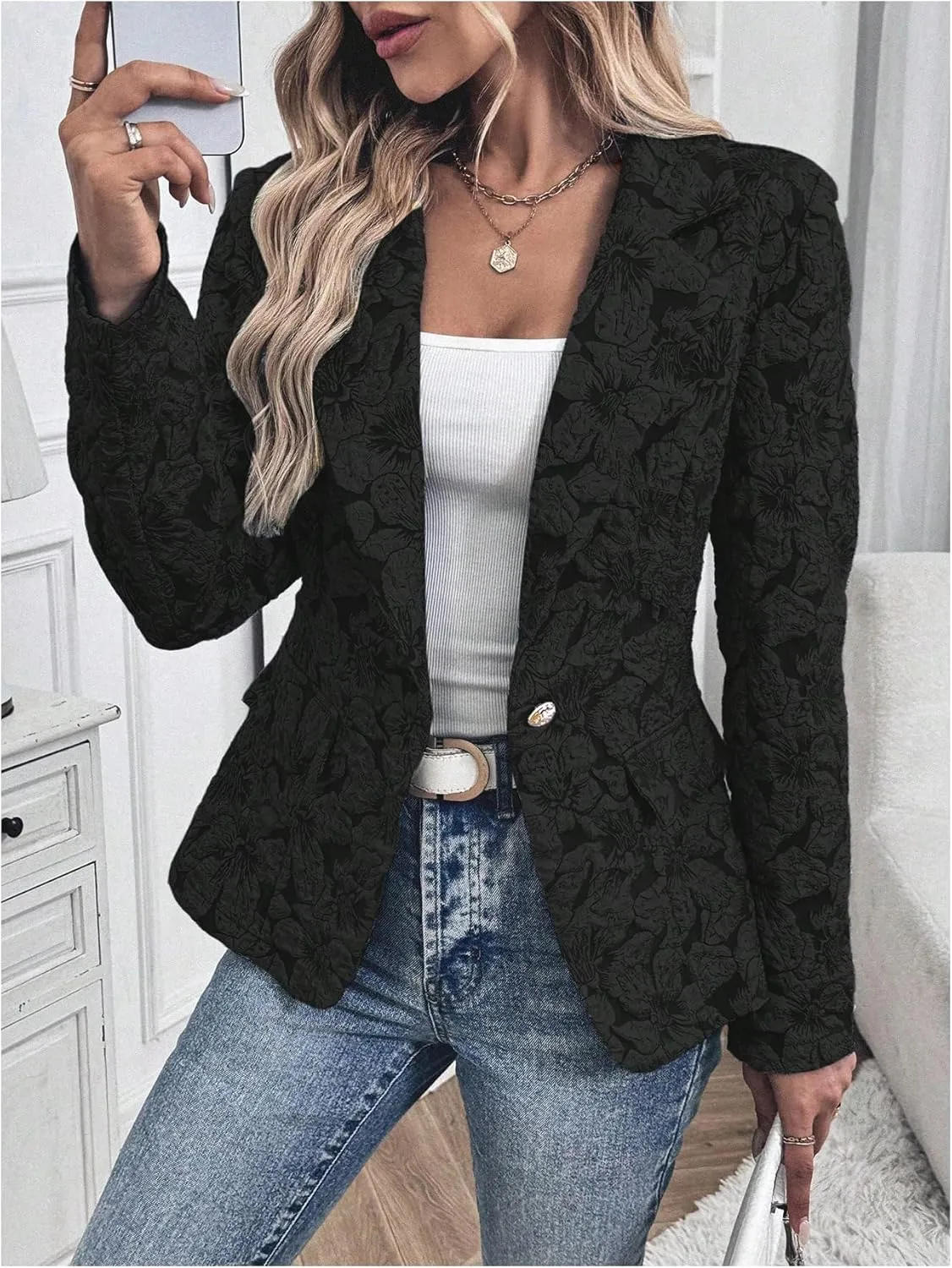 Floerns Women's Floral Jacquard Long Sleeve Blazers Open Front Work Suit Jackets