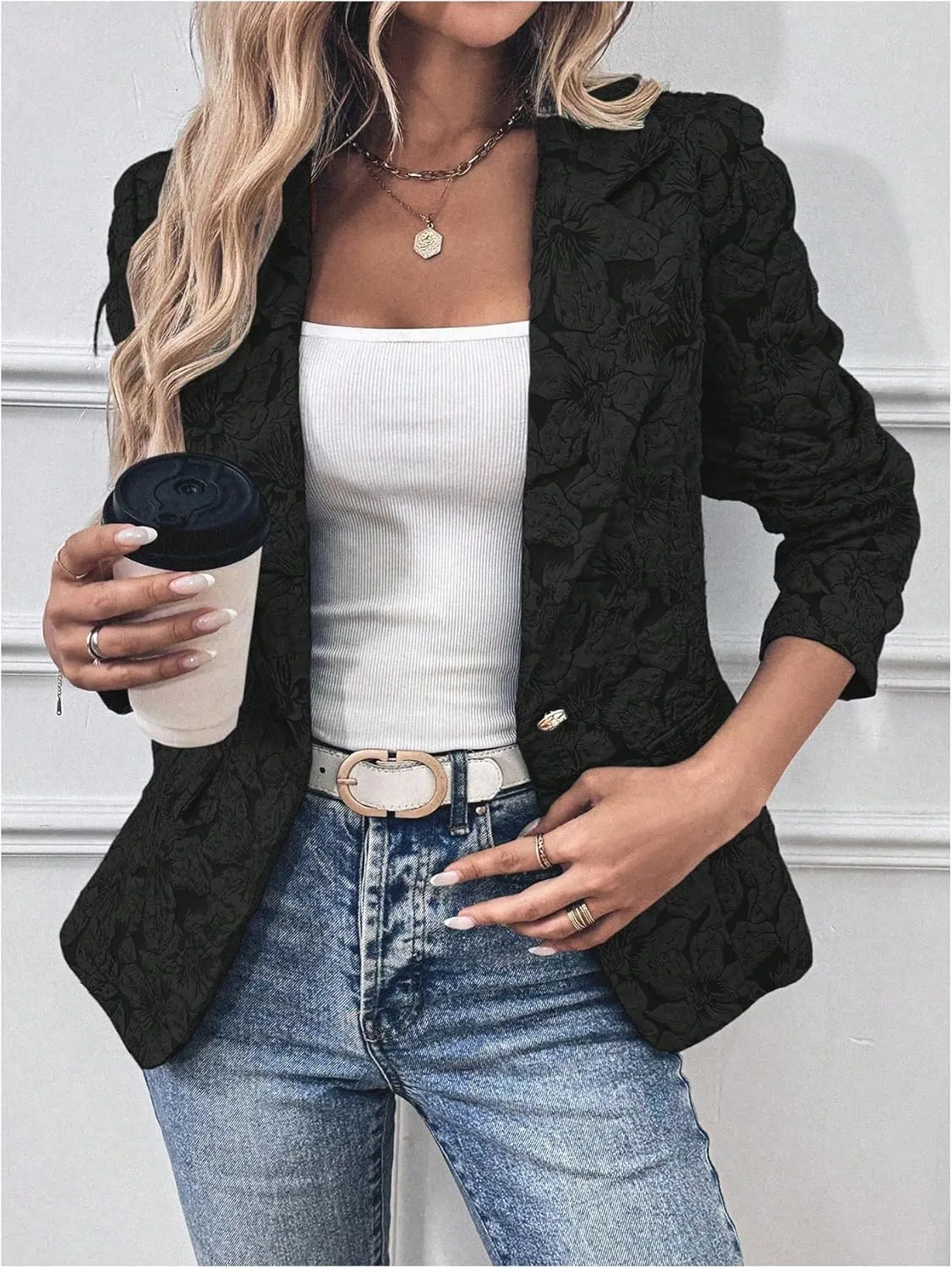 Floerns Women's Floral Jacquard Long Sleeve Blazers Open Front Work Suit Jackets