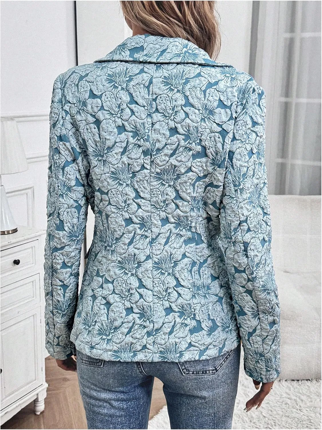 Floerns Women's Floral Jacquard Long Sleeve Blazers Open Front Work Suit Jackets