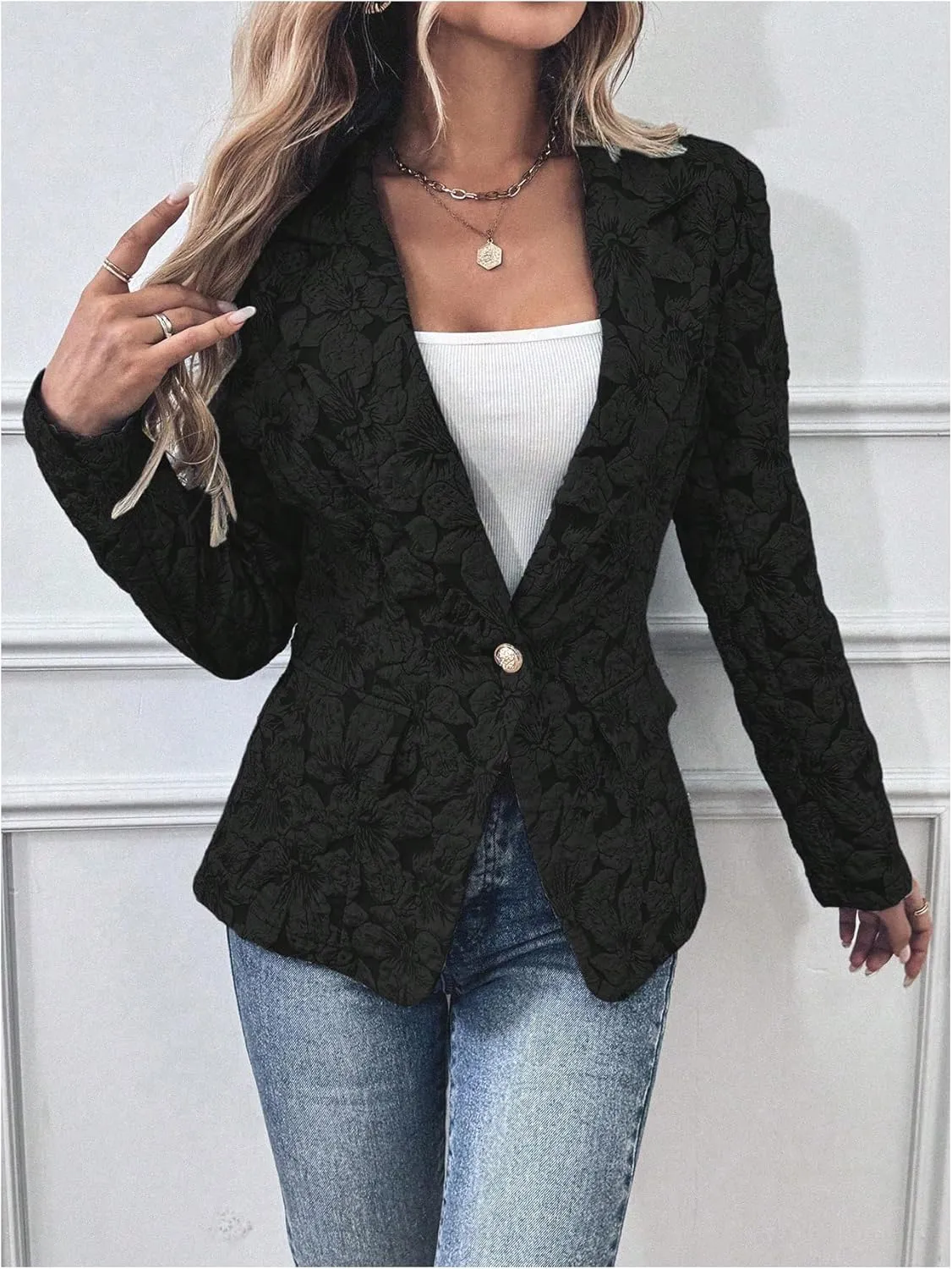 Floerns Women's Floral Jacquard Long Sleeve Blazers Open Front Work Suit Jackets