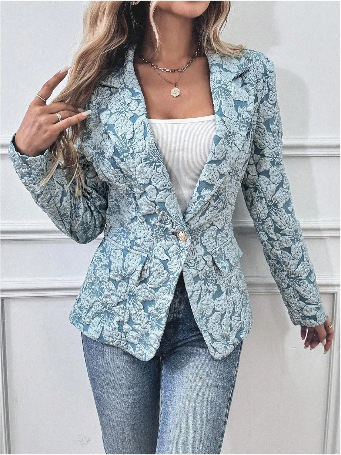 Floerns Women's Floral Jacquard Long Sleeve Blazers Open Front Work Suit Jackets