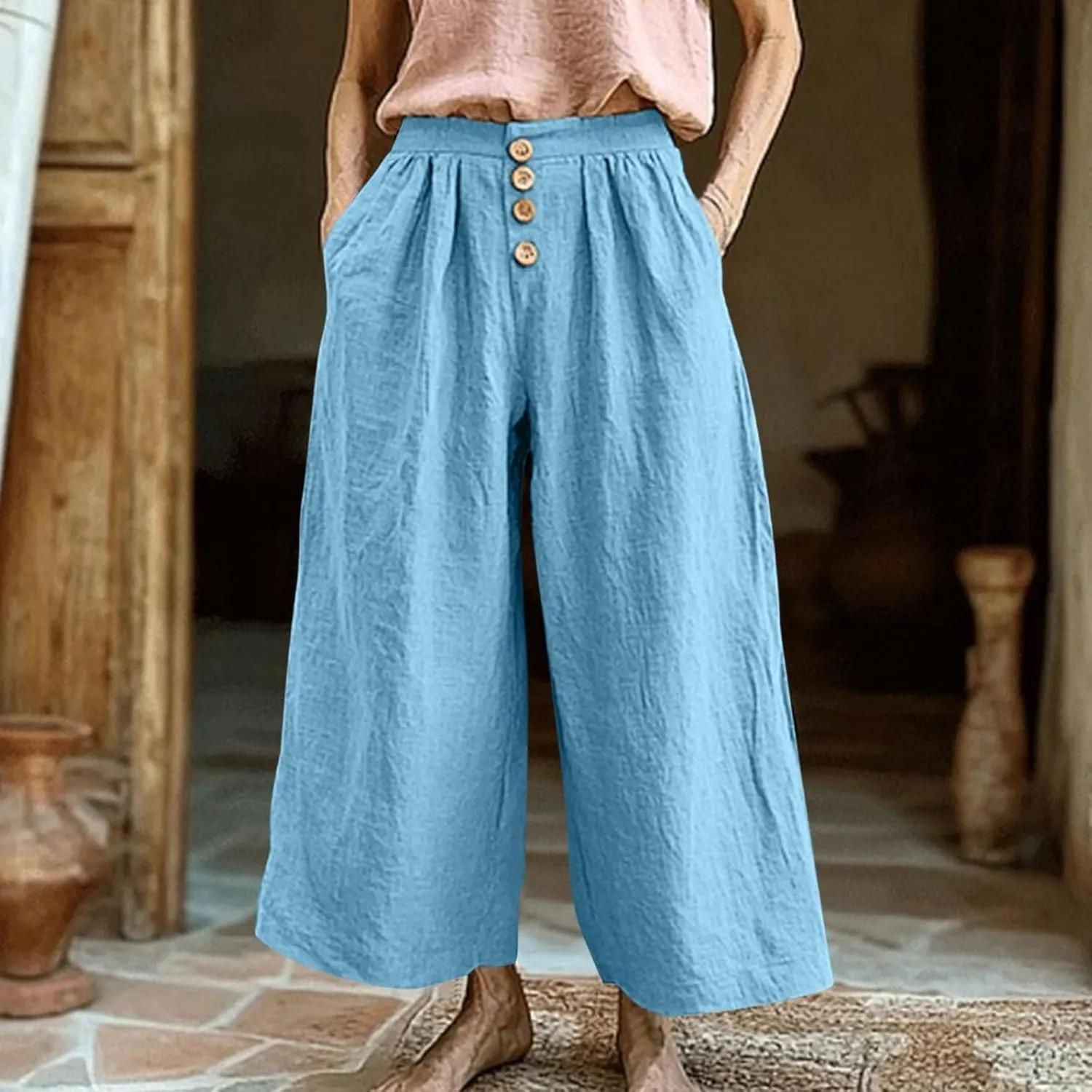 Flowy Pants for Women Summer Cotton Linen Wide Leg Palazzo Pants Beach Casual Button Down Trouser with Pockets
