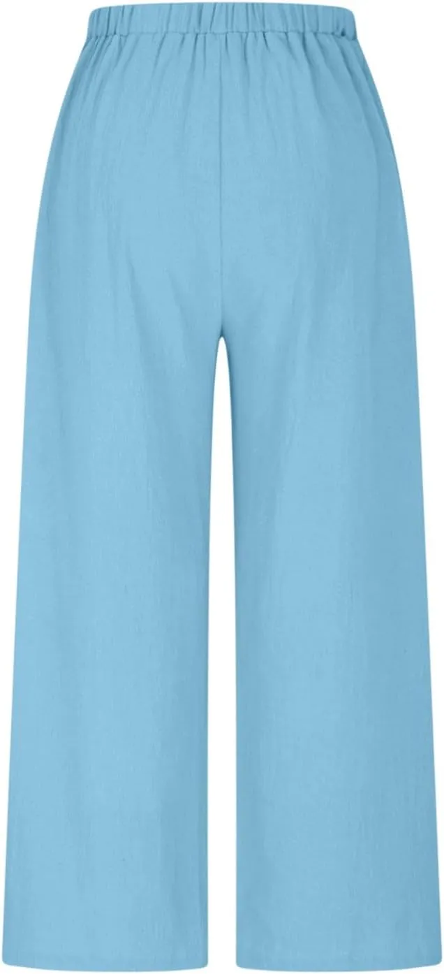 Flowy Pants for Women Summer Cotton Linen Wide Leg Palazzo Pants Beach Casual Button Down Trouser with Pockets