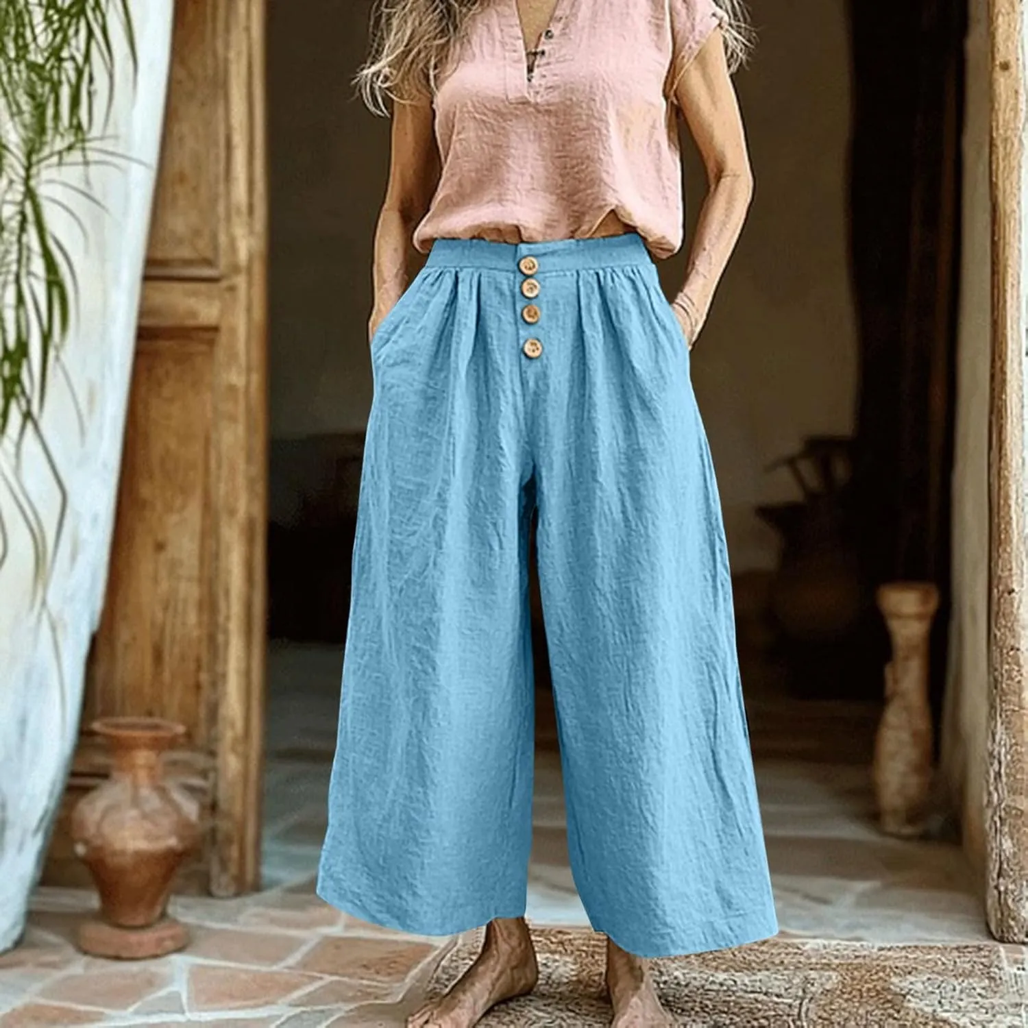 Flowy Pants for Women Summer Cotton Linen Wide Leg Palazzo Pants Beach Casual Button Down Trouser with Pockets