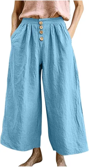 Flowy Pants for Women Summer Cotton Linen Wide Leg Palazzo Pants Beach Casual Button Down Trouser with Pockets