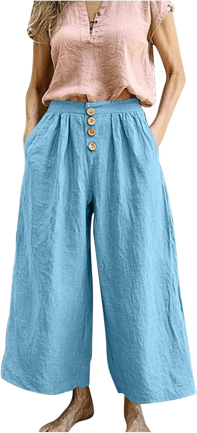 Flowy Pants for Women Summer Cotton Linen Wide Leg Palazzo Pants Beach Casual Button Down Trouser with Pockets