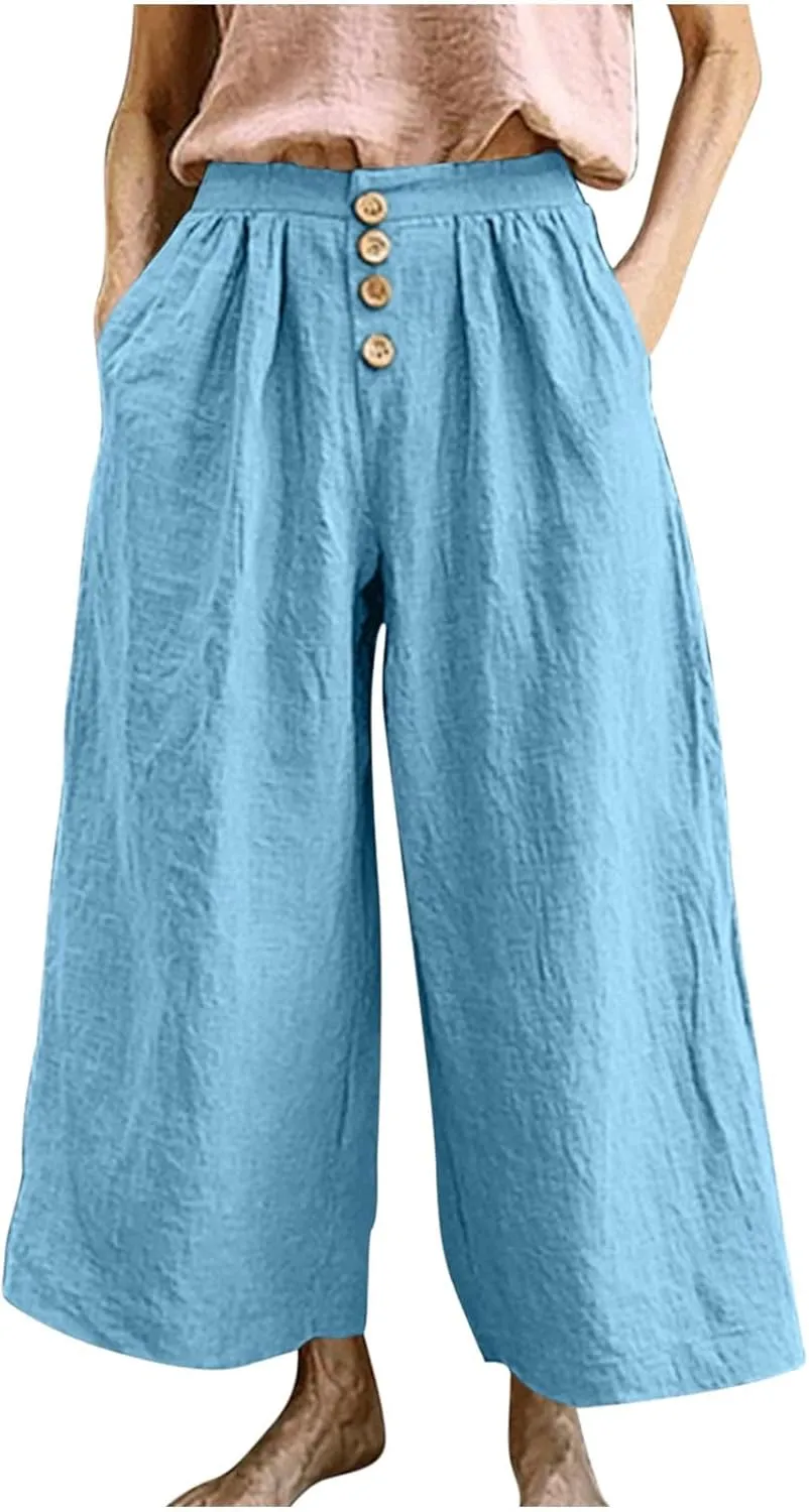 Flowy Pants for Women Summer Cotton Linen Wide Leg Palazzo Pants Beach Casual Button Down Trouser with Pockets