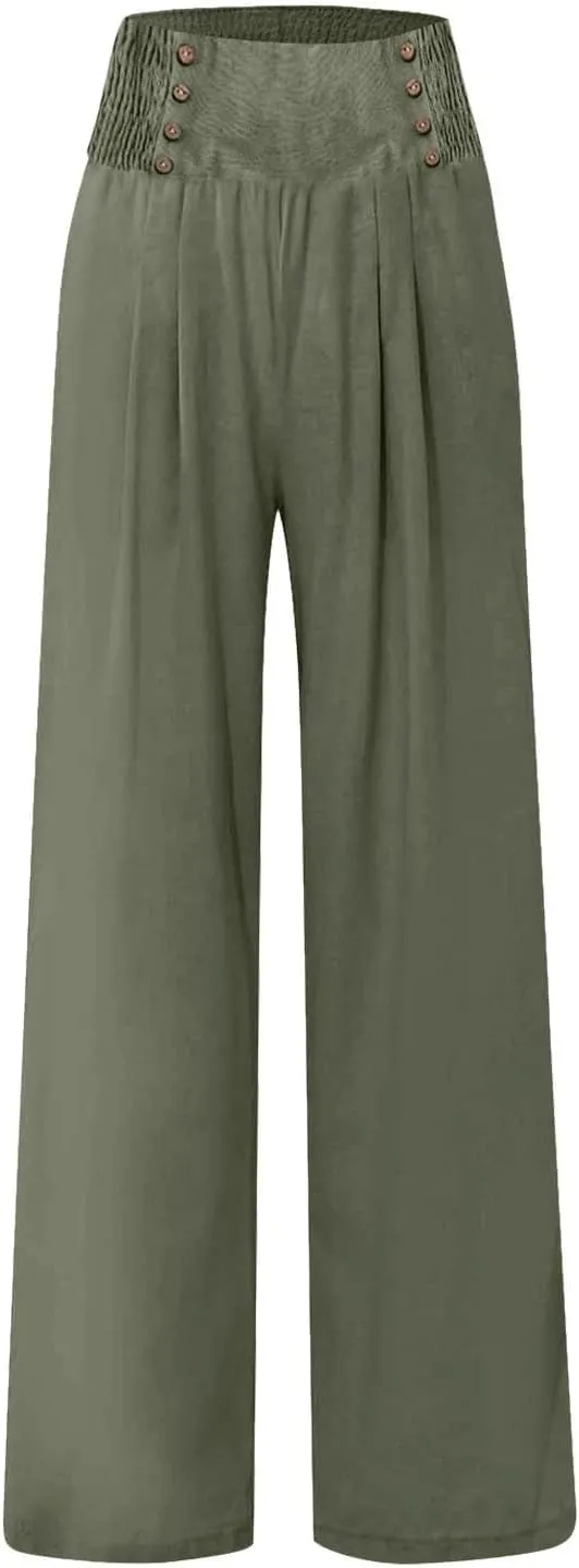 Flowy Pants for Women Wide Leg Beach Trousers Casual Summer Loose Fit Cotton Linen Yoga Palazzo Pants with Pockets
