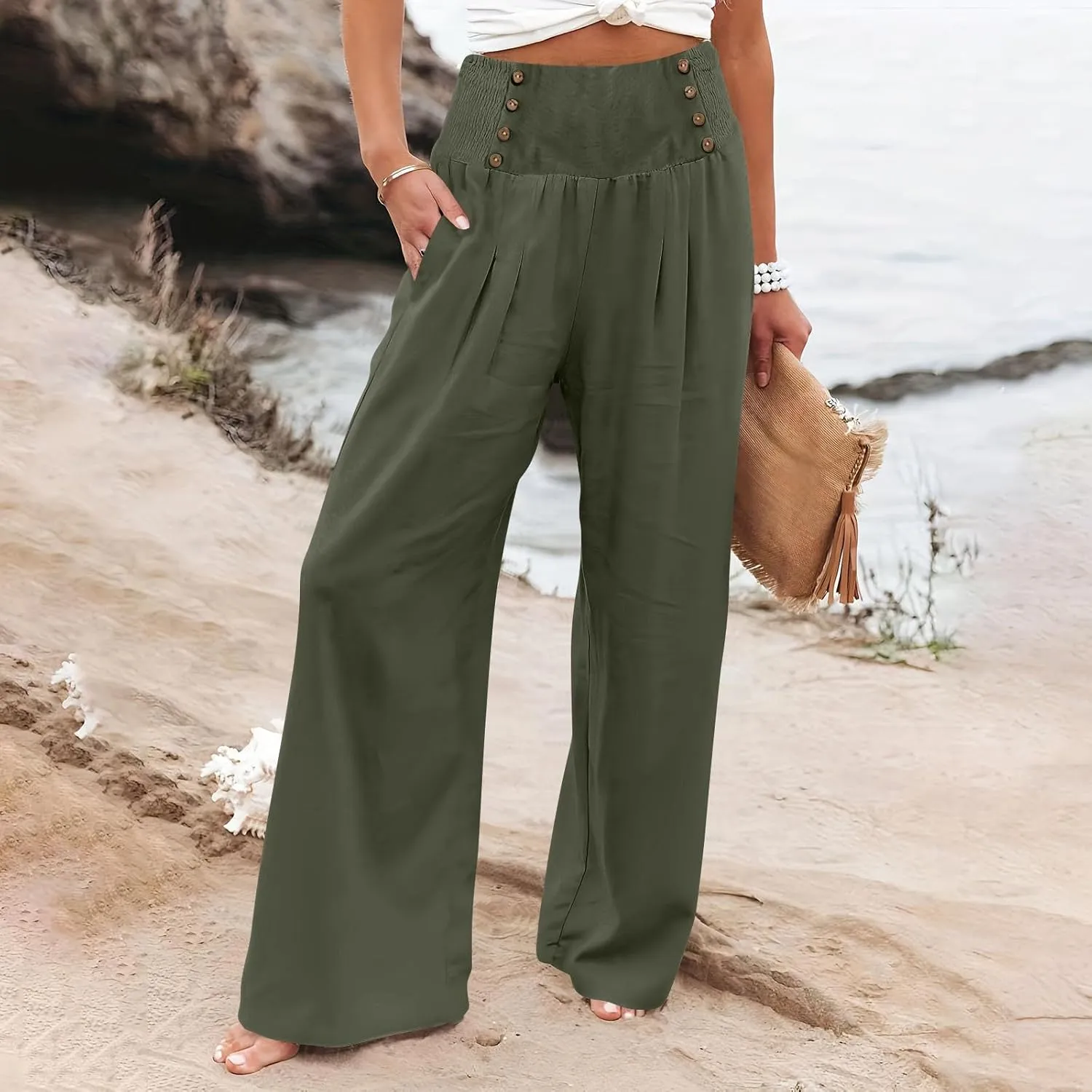 Flowy Pants for Women Wide Leg Beach Trousers Casual Summer Loose Fit Cotton Linen Yoga Palazzo Pants with Pockets