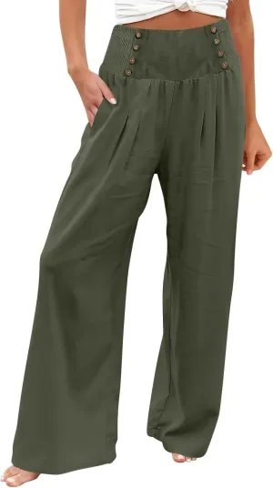 Flowy Pants for Women Wide Leg Beach Trousers Casual Summer Loose Fit Cotton Linen Yoga Palazzo Pants with Pockets