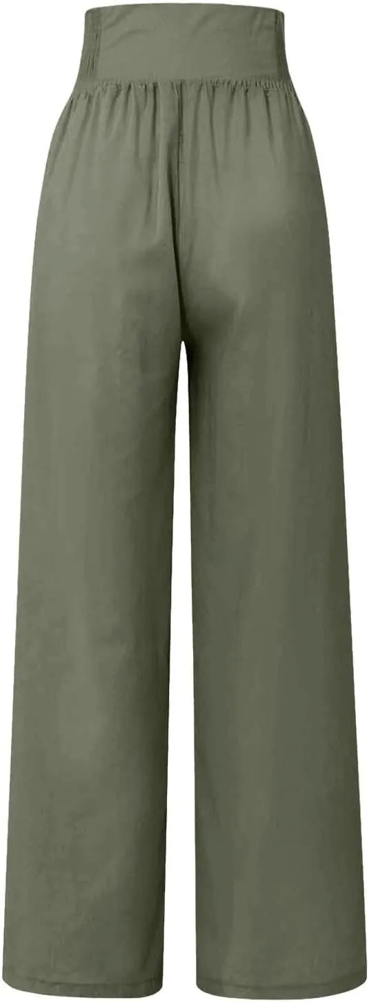 Flowy Pants for Women Wide Leg Beach Trousers Casual Summer Loose Fit Cotton Linen Yoga Palazzo Pants with Pockets