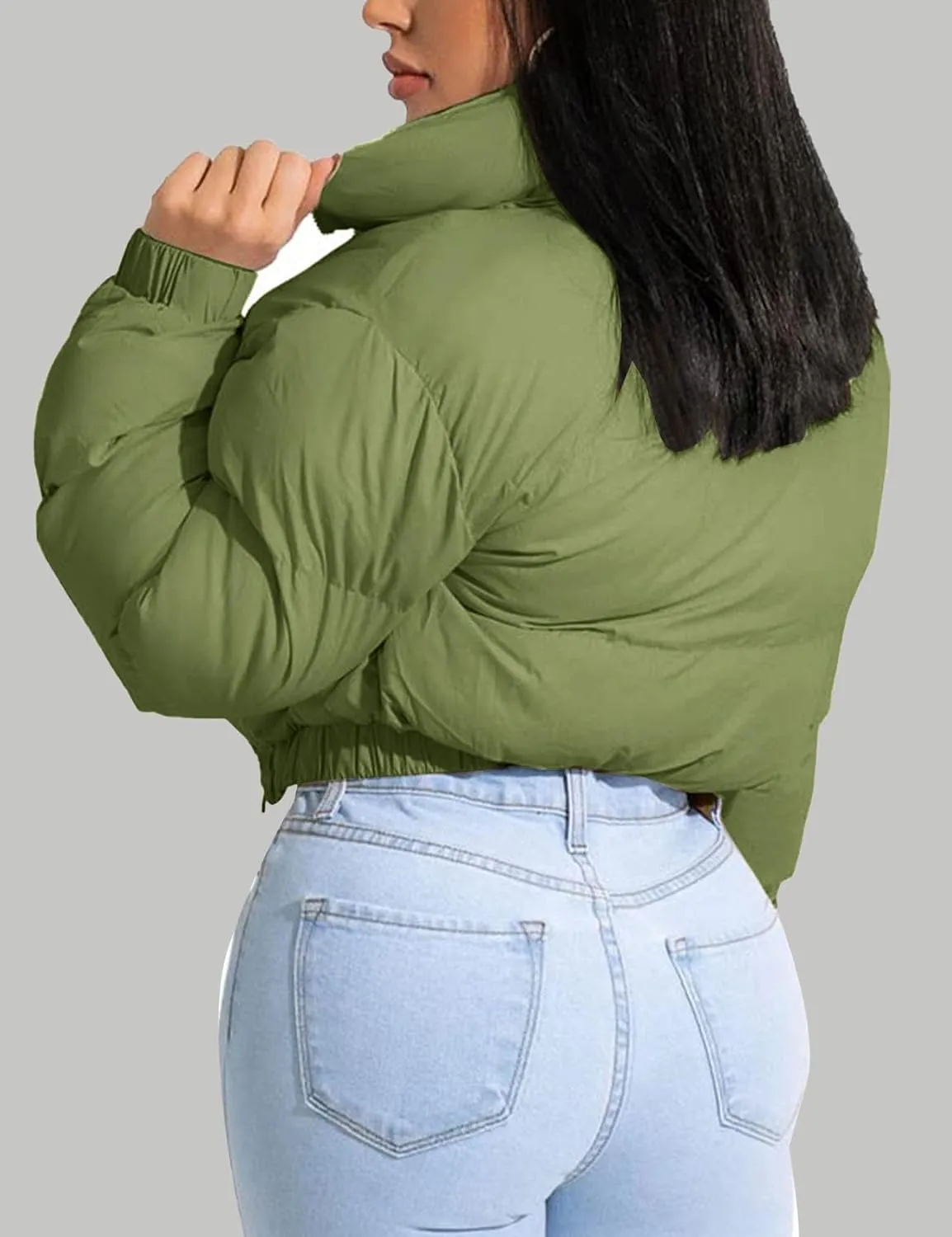 Flygo Women Cropped Quilted Puffer Jacket Winter Fashion Long Sleeve Bubble Short Down Coat