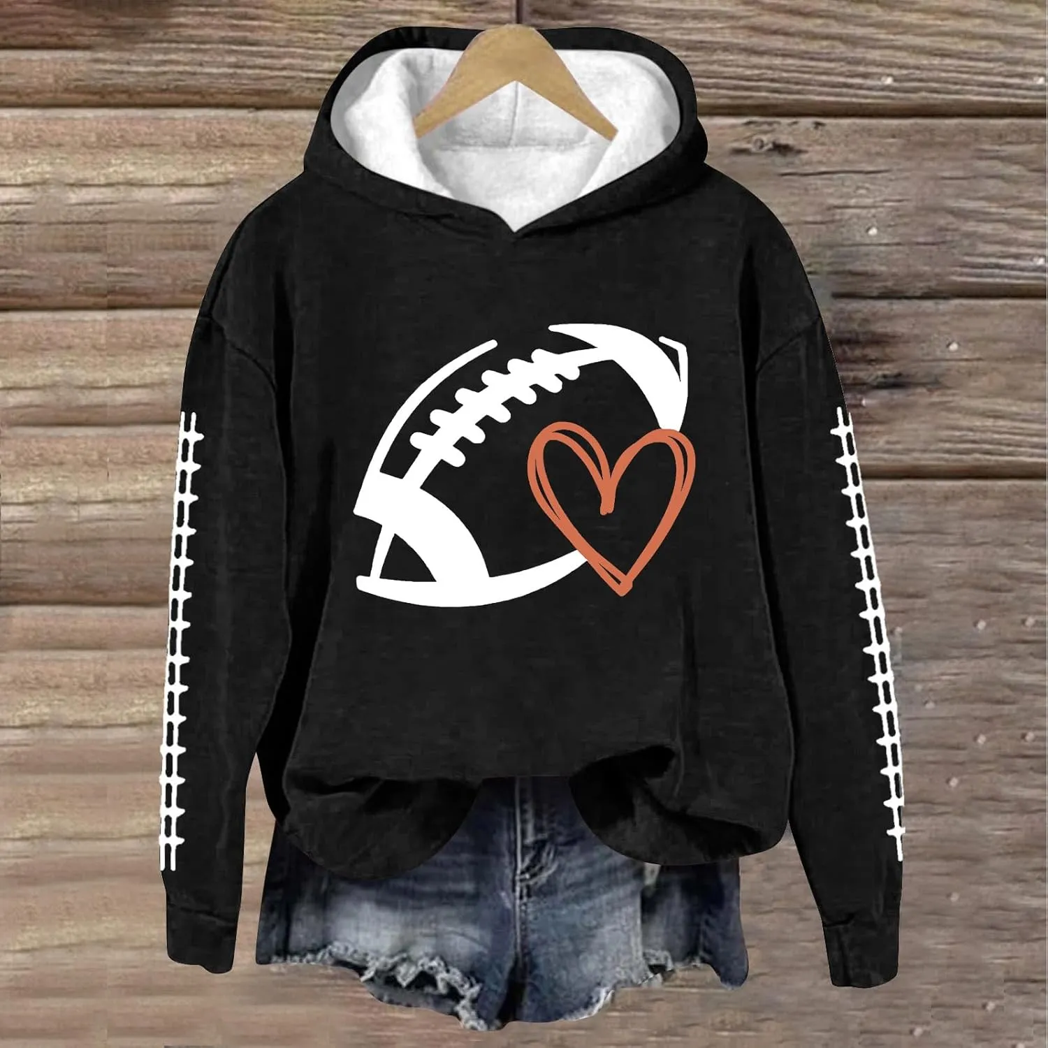 Football Game Day Womens Apparel Game Day Heart Football Graphic Hoodies Pullover Crew Neck Long Sleeve Shirts