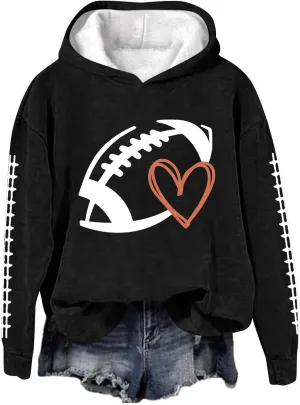 Football Game Day Womens Apparel Game Day Heart Football Graphic Hoodies Pullover Crew Neck Long Sleeve Shirts