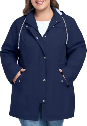 FOREYOND Plus Size Rain Jacket for Women with Hood Long Waterproof Windbreaker Outdoor Travel Trench Coats with Pockets