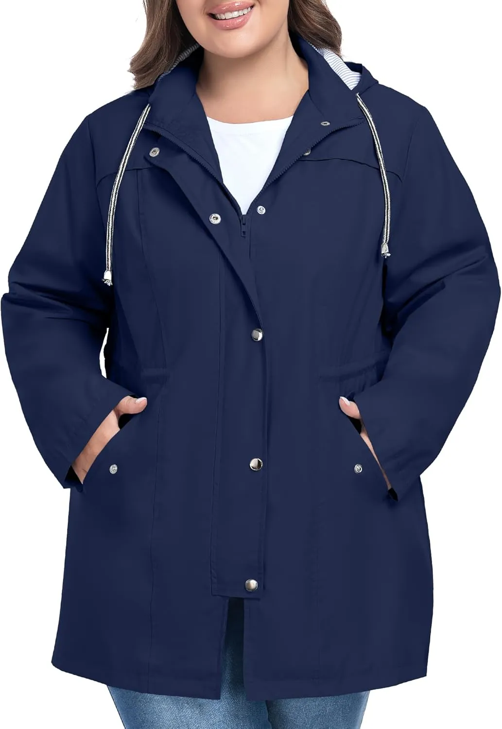 FOREYOND Plus Size Rain Jacket for Women with Hood Long Waterproof Windbreaker Outdoor Travel Trench Coats with Pockets