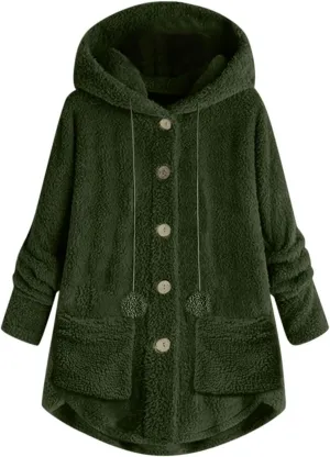 Fuzzy Fleece Jacket Women Trendy Button Long Sleeve Sherpa Hoodies Oversized Casual Lightweight Warm Coat with Pocket