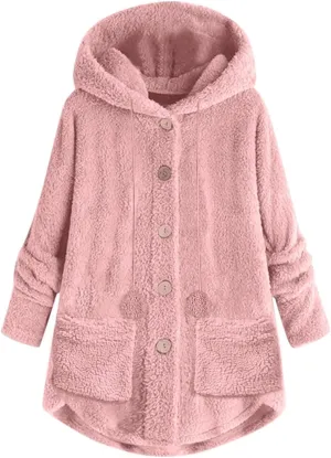 Fuzzy Fleece Jacket Women Trendy Button Long Sleeve Sherpa Hoodies Oversized Casual Lightweight Warm Coat with Pocket