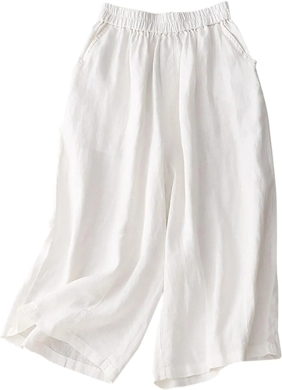 FZYLQY Wide Leg Trousers for Women Summer Cotton Linen Pants Elastic High Waist Comfy Palazzo Pants Casual Baggy Flowy Slacks