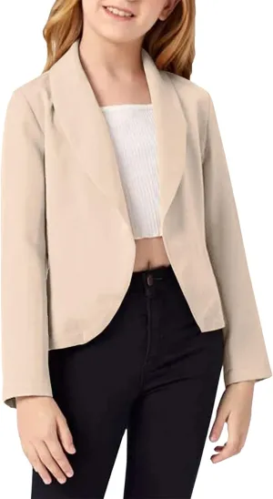 Girls Blazer Jacket Solid Color Lapel Suit Open Front Long Sleeve Blazers for Kids Girls Size 5-14 Years