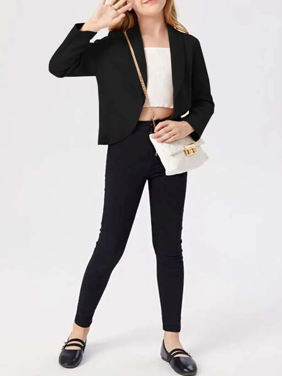 Girls Blazer Jacket Solid Color Lapel Suit Open Front Long Sleeve Blazers for Kids Girls Size 5-14 Years