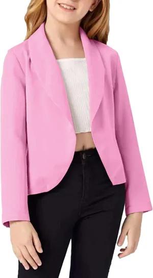 Girls Blazer Jacket Solid Color Lapel Suit Open Front Long Sleeve Blazers for Kids Girls Size 5-14 Years