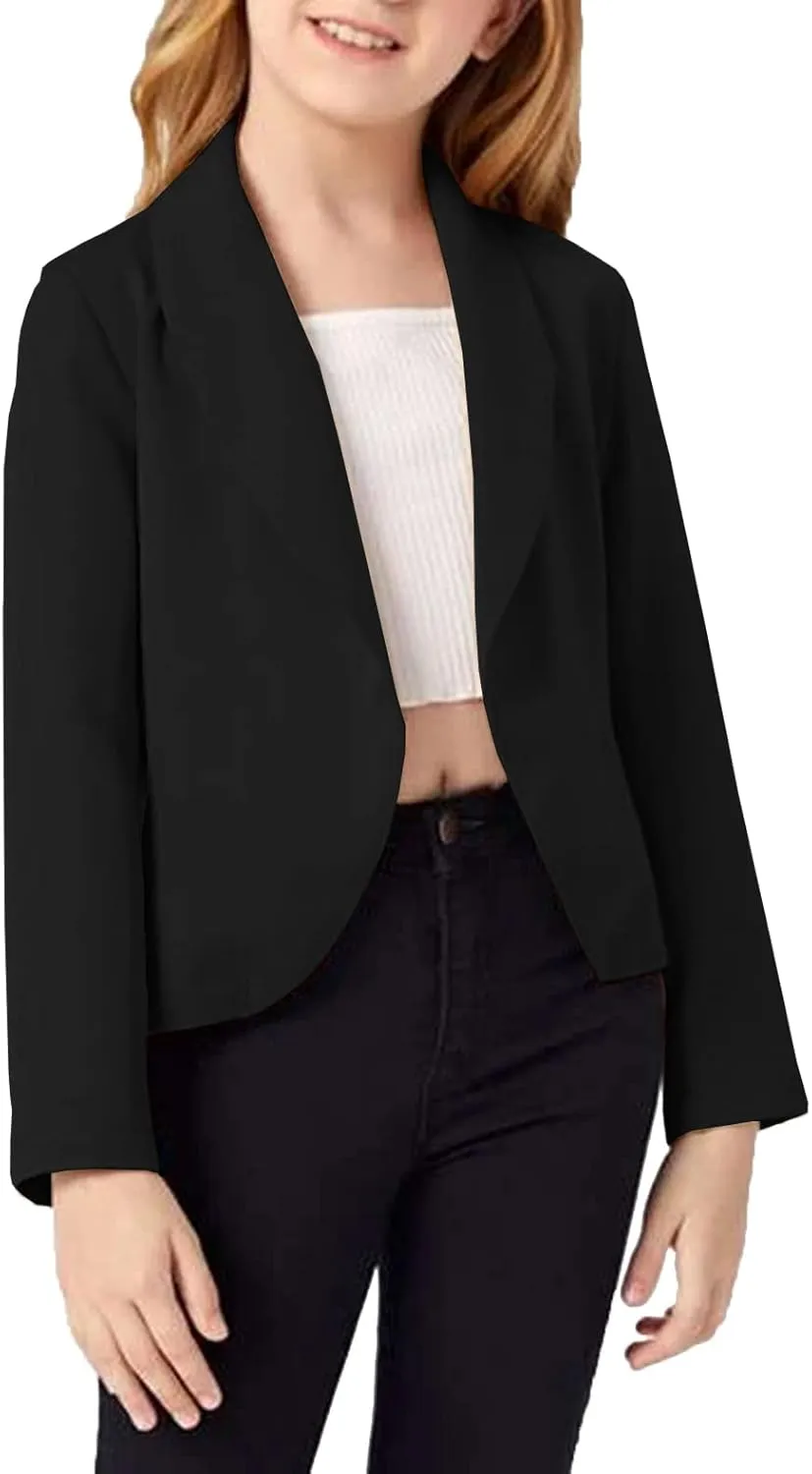 Girls Blazer Jacket Solid Color Lapel Suit Open Front Long Sleeve Blazers for Kids Girls Size 5-14 Years