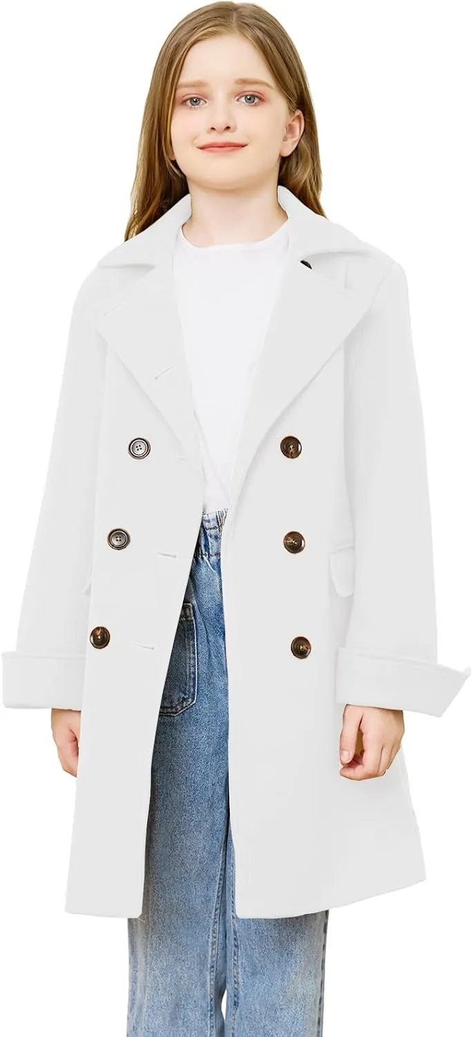 Girls Coat Double Breasted Notched Collar Wool Blend Long Trench Coat Winter Warm Peacoat Dress Coat with Pockets