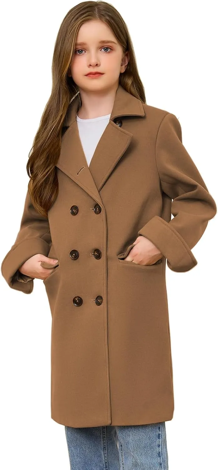 Girls Coat Double Breasted Notched Collar Wool Blend Long Trench Coat Winter Warm Peacoat Dress Coat with Pockets