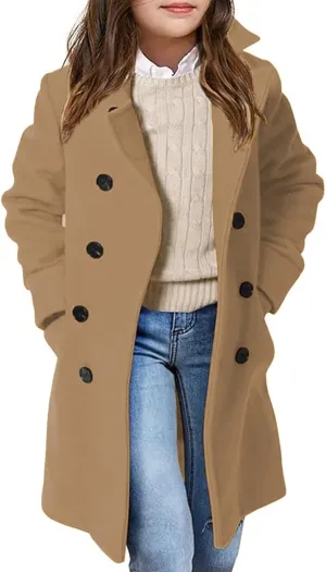 Girls Coat Double Breasted Notched Collar Wool Blend Long Trench Coat Winter Warm Peacoat Dress Coat with Pockets