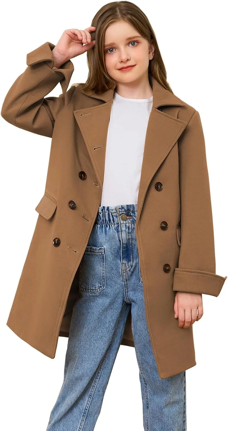 Girls Coat Double Breasted Notched Collar Wool Blend Long Trench Coat Winter Warm Peacoat Dress Coat with Pockets